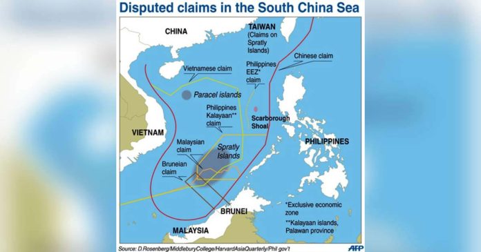 PH-arbitral_superimposed Map shows the disputed areas in the West Philippine Sea (South China Sea), including the Spratlys Islands and Scarborough Shoal. AFP