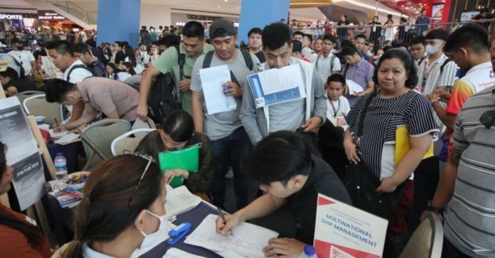PH_jobs_resized The national government’s Trabaho Para sa Bayan plan is expected to help generate at least 3 million new jobs by 2028. Photo shows applicants lining up for an interview at the Labor Day jobs fair in Pasay City. PNA PHOTO BY AVITO DALAN