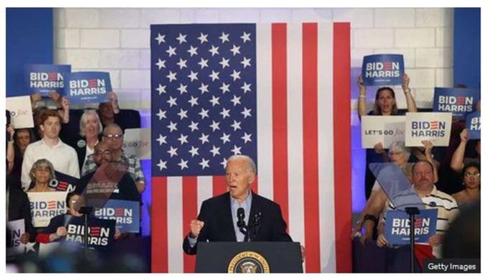 US President Joe Biden speaks at a rally in Wisconsin on July 5. He is seeking reelection against former president Donald Trump whom he defeated four years ago. GETTY IMAGES