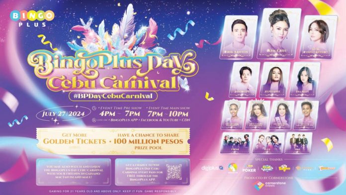 bingoplus_resized BingoPlus Day Cebu Carnival on July 27, 2024 will feature Erik Santos, Yeng Constantino, Jason Dy, Tony Labrusca, Zephanie, Dia Mate, Miss Universe Philippines Chelsea Manalo, Miss BingoPlus Universe Maica Martinez, Miss Charm Philippines Cyrille Payumo, Miss Philippines Eco International Alexie Mae Brooks, and P-pop groups.