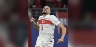 Turkey's Merih Demiral celebrates after scoring against Austria. AP PHOTO