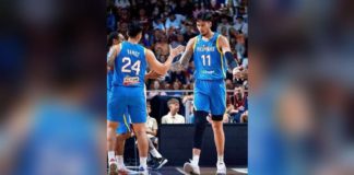 Kai Sotto (No. 11) was one of the key contributors during No. 37-ranked Gilas Pilipinas’ 89-80 upset over No. 6-ranked Latvia where he tallied 18 points and eight rebounds. FIBA PHOTO