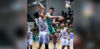 Negros Muscovados’ Brix Ramos looks for a teammate after being defended by Pangasinan Heatwaves’ Marnel Baracael. MPBL PHOTO