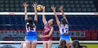 Negrense Erika Deloria of Enderun College Titans scores against two Xavier University defenders. PHOTO COURTESY OF SSL
