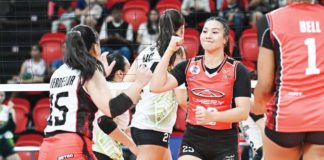 Ilongga Ma. Shaya Adorador of Chery Tiggo Crossovers celebrates after scoring a point against NxLed Chameleons. PVL PHOTO