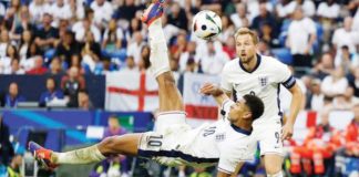 England’s Jude Bellingham converts a game-tying overhead kick against Slovakia. PHOTO FROM SKY NEWS