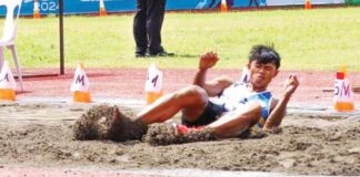 Ilonggo Sam Kenjie Bantillo captures the gold medal in the secondary boys long jump event of the 2024 Palarong Pambansa in Cebu City. Photo courtesy of 2024 Palarong Pambansa Cebu City Facebook Page
