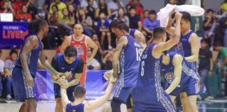 Robert Bolick Jr. was being helped by his teammates after hitting a four-point play during the 2024 PBA All-Star in Bacolod City earlier this year. PBA PHOTO