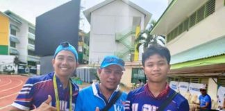 Ilonggo thrower Charles Daniel Turla (right) with coaches John Aghon and Rommel Gardose. PHOTO COURTESY OF RAY CABARLES