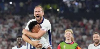 England’s Harry Kane celebrates with Ollie Watkins after the latter scored a game-winning goal against Netherlands. AP