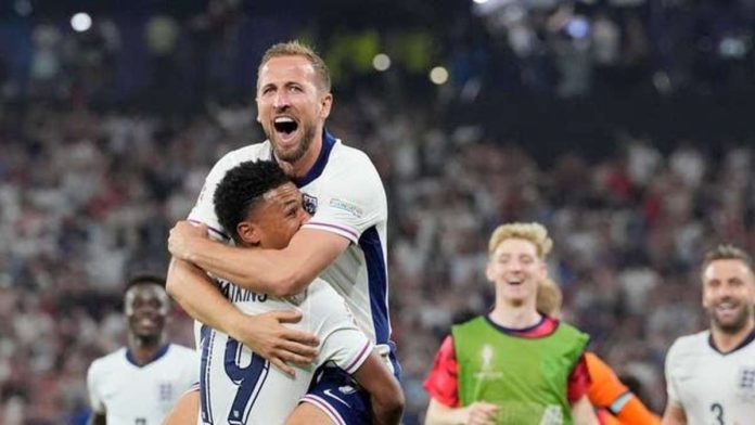 sports_Watkins_resized_resized England’s Harry Kane celebrates with Ollie Watkins after the latter scored a game-winning goal against Netherlands. AP