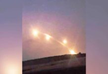 This photo is a grab from a video footage filmed by a resident of Shlomi in northern Israel. It appears to show rockets from Lebanon being intercepted by Israel. BBC