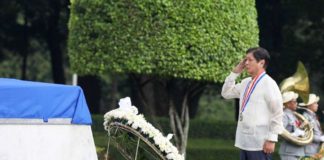 President Ferdinand Marcos Jr. salutes in front of the Tomb of the Unknown Soldier at the Libingan ng mga Bayani in Taguig City on Monday at the commemoration of National Heroes’ Day.