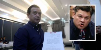 Former senator Antonio Trillanes IV files drug smuggling charges against Davao City 1st District’s Cong. Paolo Duterte (Inset) and several others over the alleged P6.4-billion shabu shipment seized in Valenzuela City in 2017, at the Department of Justice in Manila on July 31, 2024.