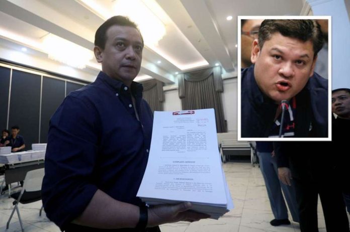 Paolo_resized Former senator Antonio Trillanes IV files drug smuggling charges against Davao City 1st District’s Cong. Paolo Duterte (Inset) and several others over the alleged P6.4-billion shabu shipment seized in Valenzuela City in 2017, at the Department of Justice in Manila on July 31, 2024.