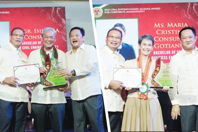 alumnus-award Alumni Regent and University of the Philippines Alumni Association (UPAA) President Robert Lester Aranton and UP President Angelo Jimenez present the awards to DMCI Holdings Chairman Isidro A. Consunji (left photo) and Semirara Mining and Power Corporation President, COO and CSO Maria Cristina C. Gotianun (right photo).