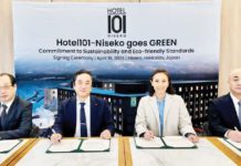 Hotel101 Global Pte. Ltd, in partnership with esteemed engineering firms Kamita Sekkei and Technocrew, alongside the contractor of Hotel101-Niseko project - Iwata Chizaki Inc., signed its commitment to the creation of the environmentally forward Hotel101-Niseko in April this year. Photo shows (from left) Kamita Sekkei Chief Executive Officer Hirokazu Bando, Technocrew Managing Director Akira Hiraoka, Hotel101 Global Chief Executive Officer Marri Marriana Yulo- Luccini, and Iwata Chizaki Construction General Manager Makoto Miyoshi.