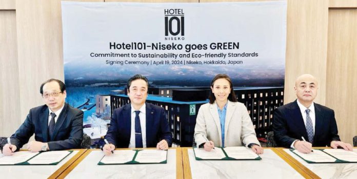 doubledragon Hotel101 Global Pte. Ltd, in partnership with esteemed engineering firms Kamita Sekkei and Technocrew, alongside the contractor of Hotel101-Niseko project - Iwata Chizaki Inc., signed its commitment to the creation of the environmentally forward Hotel101-Niseko in April this year. Photo shows (from left) Kamita Sekkei Chief Executive Officer Hirokazu Bando, Technocrew Managing Director Akira Hiraoka, Hotel101 Global Chief Executive Officer Marri Marriana Yulo- Luccini, and Iwata Chizaki Construction General Manager Makoto Miyoshi.