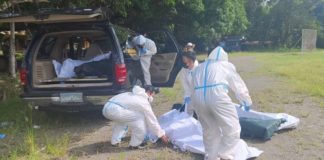 The remains of the five New People’s Army rebels killed in encounters in Barangay Aglonok, Calinog and Barangay Cabatangan, Lambunao, Iloilo on August 7 and 8 were airlifted from the encounter site to West Visayas State University – Calinog Campus on Saturday, August 10. DYRI RMN ILOILO PHOTO