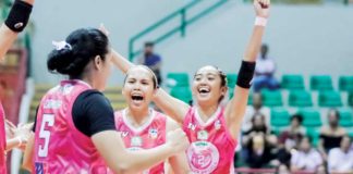 Negrenses Shane Carmona, Erika Jin Deloria, and Rhean Almendralejo celebrate Biñan Tatak Gel Volley Angels’ debut win in the MPVA. MPVA PHOTO
