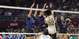 De La Salle University Lady Spikers’ Lilay del Castillo scores against three Colegio de San Juan de Letran Lady Knights defenders. PHOTO COURTESY OF MADAYAW SPORTS DAVAO