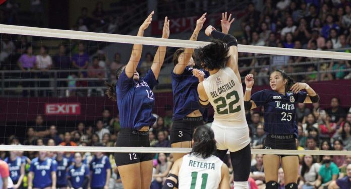 sports-DLSU De La Salle University Lady Spikers’ Lilay del Castillo scores against three Colegio de San Juan de Letran Lady Knights defenders. PHOTO COURTESY OF MADAYAW SPORTS DAVAO