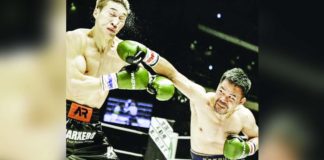 Retired Filipino boxer Manny Pacquiao lands a punch against Japanese kickboxer Rukiya Anpo during their exhibition game recently in Saitama, Japan. PHOTO COURTESY OF WENDELL ALINEA