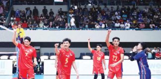 Members of Alas Pilipinas national men’s volleyball team celebrate their victory against Vietnam on Sunday night. PHOTO COURTESY OF VOLLEYBALL PHILIPPINES