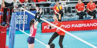 Ilongga Aiza Maizo-Pontillas of Petro Gazz Angels attempts to score against Creamline Cool Smashers’ Erica Staunton. PVL PHOTO
