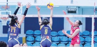 Negrense Erika Deloria of Biñan Tatak Gel 1-Pacman Partylist Volley Angels goes for an attack against a Negros-ICC Blue Hawks defender. MPVA PHOTO