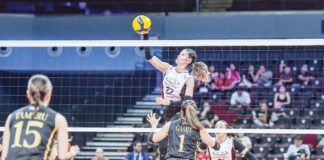 Chery Tiggo Crossovers’ Pauline Gaston tries a drop ball against the defense of ZUS Coffee Thunderbelles. PVL PHOTO