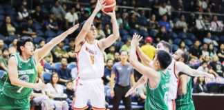 NorthPort Batang Pier’s Allyn Bulanadi pulls up for a shot against the defense of Terrafirma Dyip’s Tommy Olivario. PBA PHOTO