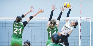 University of Santo Tomas Golden Tigresses’ Angeline Poyos tries to score against the defense of College of St. Benilde Lady Blazers’ Wielyn Estoque. V-LEAGUE PHOTO