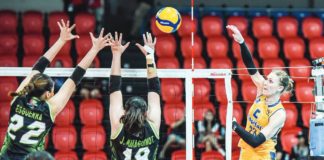 Capital1 Solar Energy Solar Spikers’ Marina Tushova converts against two NxLed Chameleons defenders. PVL PHOTO