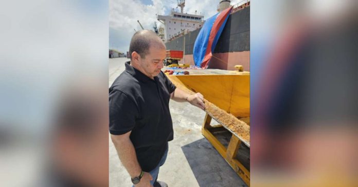 sugar1_superimposed Pablo Luis Azcona, administrator of the Sugar Regulatory Administration, inspects the raw sugar to be exported to the United States at Bredco port in Bacolod City on Saturday, August 17. SRA PHOTO