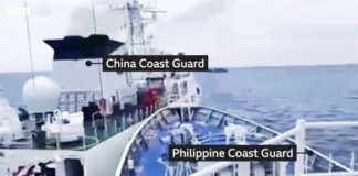 Coastguard ships of the Philippines and China collide in the South China Sea on Saturday, August 31, in this grab from a video from the Philippine Coast Guard.