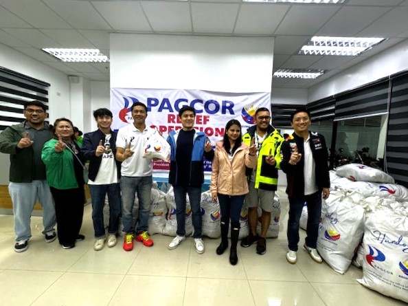 Mayor Art Mercado of San Pedro City in Laguna (4th from right) receives from PAGCOR the relief donations for residents who were affected by heavy rains and floods brought by Tropical Storm Enteng and the southwest monsoon.