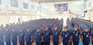 Brigadier General Archival Macala, Police Regional Office 6’s deputy regional director for administration, leads the sendoff ceremony for 213 new police officers on Tuesday, Sept. 10, 2024. RUBY P. SILUBRICO/PN