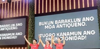 Gov. Rhodora Cadiao (center), Local Government Undersecretary Jonathan Tan (left), and former Caluya mayor Genevive Lim-Reyes (right) launch the Cadiao-Tan-Reyes tandem, under the slogan “Patok Tumandok, on Friday, September 6. K5 NEWS FM SAN JOSE PHOTO
