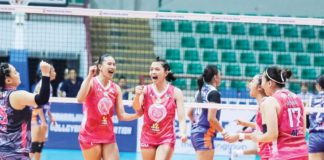 May Ann Nuique (20) and the Biñan Tatak Gel 1-Pacman Partylist Volley Angels rejoice after their straight set win over Valenzuela Classy. MPVA Photo. MPVA PHOTO