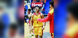 San Sebastian College Golden Stags’ Rafael Are reacts after their come-from-behind win over Lyceum Pirates. PHOTO COURTESY OF NCAA/GMA SPORTS