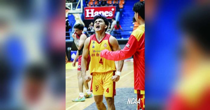 sports San_superimposed San Sebastian College Golden Stags’ Rafael Are reacts after their come-from-behind win over Lyceum Pirates. PHOTO COURTESY OF NCAA/GMA SPORTS