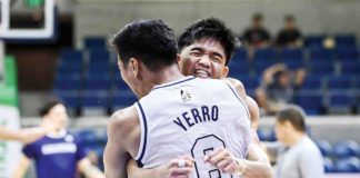 Adamson University Falcons’ Joshua Yerro hugs a teammate after his game-winning shot against National University Bulldogs. UAAP PHOTO