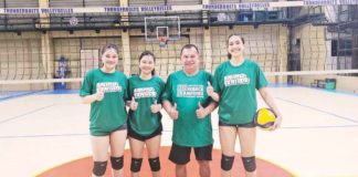 Joenil Anne Ramos, Rhea Tomas, and Camila Amor Bartolome are pictured with Bacolod Tay Tung High School Thunderbolts’ team manager Jose Montalbo. PHOTO COURTESY OF JOSE MONTALBO