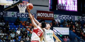 Ilonggo John Bryan Sajonia of San Beda University Red Lions tries to score against the defense of College of St. Benilde Blazers’ Allen Liwag. PHOTO COURTESY OF NCAA/GMA SPORTS