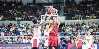 San Miguel Beermen’s Marcio Lassiter shoots over the defense of Barangay Ginebra San Miguel Kings’ Maverick Ahanmisi. PBA PHOTO