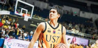 Rence “Forthsky” Padrigao reacts after knocking down crucial baskets in University of Santo Tomas Growling Tigers’ tight win over National University Bulldogs. UAAP PHOTO