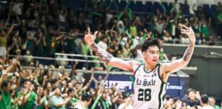 De La Salle University Green Archers’ Kevin Quiambao gestures to the crowd after converting a go-ahead three-pointer. UAAP PHOTO