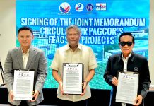 PAGCOR LAUNCHES NEW FLAGSHIP PROJECTS WITH DEPED, DPWH (From left) DepEd Secretary Sonny Angara, PAGCOR Chaiman and CEO Alejandro Tengco, and DPWH Secretary Manuel Bonoan show the signed memorandum circular formalizing the three agencies' new collaborative undertaking.