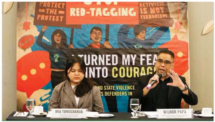 Launch of Amnesty International's Report on Red-Tagging during their media briefing "I Turned My Fear Into Courage: Red-Tagging and State Violence Against Young Human Rights Defenders in the Philippines" held in Quezon City. The group defined this as authorities falsely labelling and vilifying people as Communist rebels and terrorists to incite hatred and violence against them. Seated are Amnesty International Philippines Vice Chairperson Mia Tonogbanua and Amnesty International Philippines Advocacy and Mobilization Dept. Manager Wilnor Papa (right). INQUIRER PHOTO/LYN RILLON
